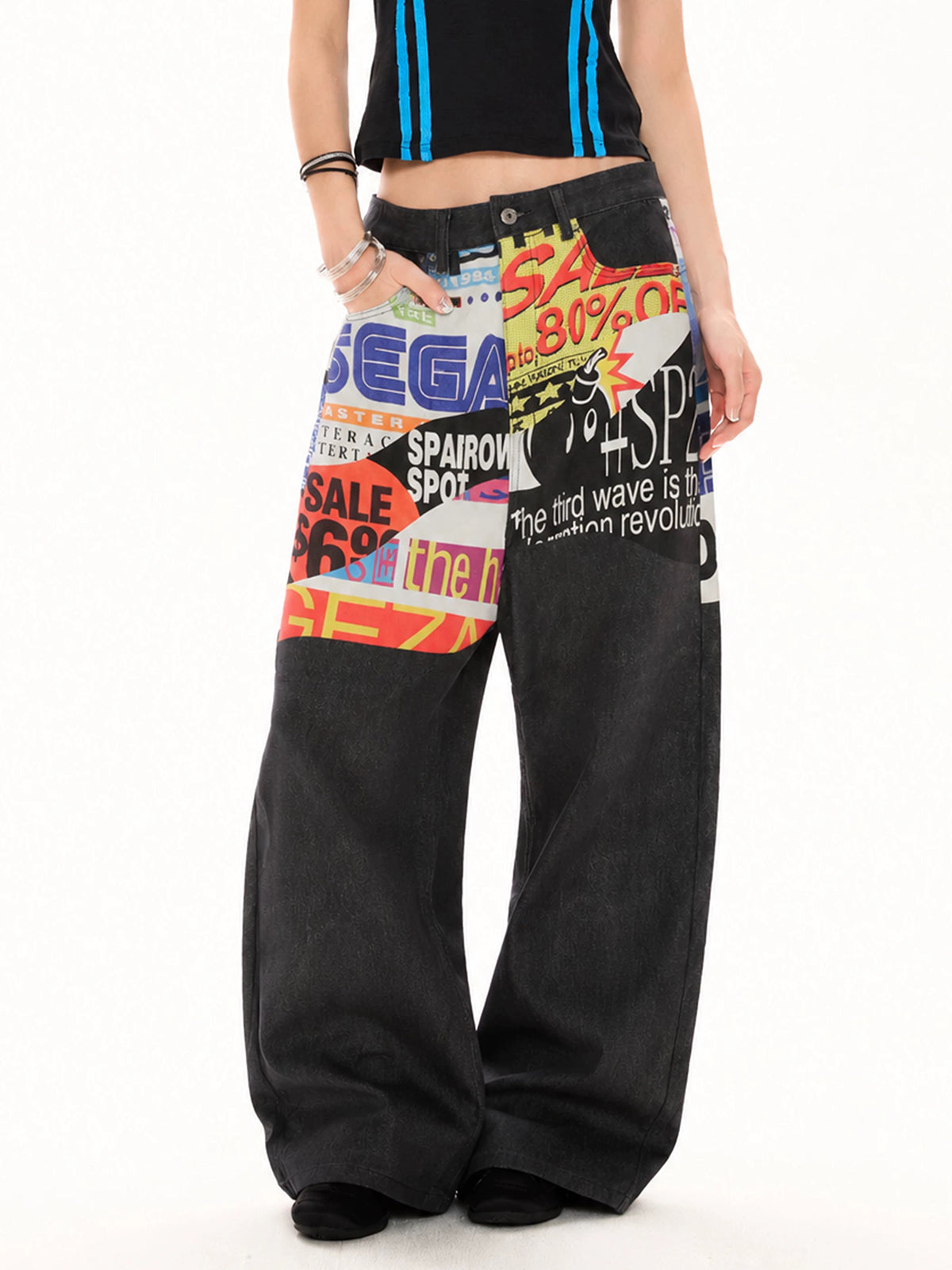 Brick Lane Wide-leg Contrast Graphic Cargo Pants - Black