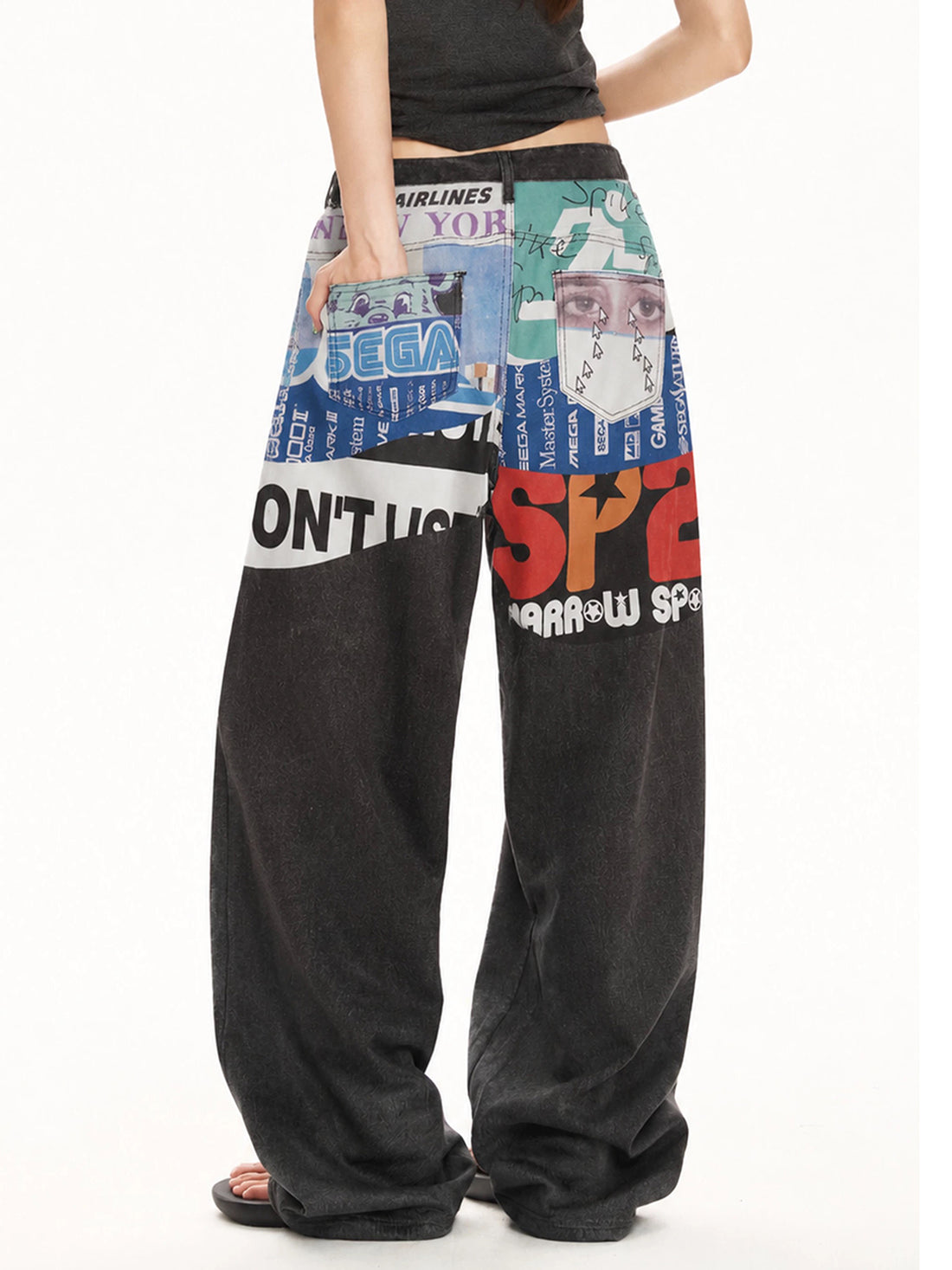Brick Lane Wide-leg Contrast Graphic Cargo Pants - Black