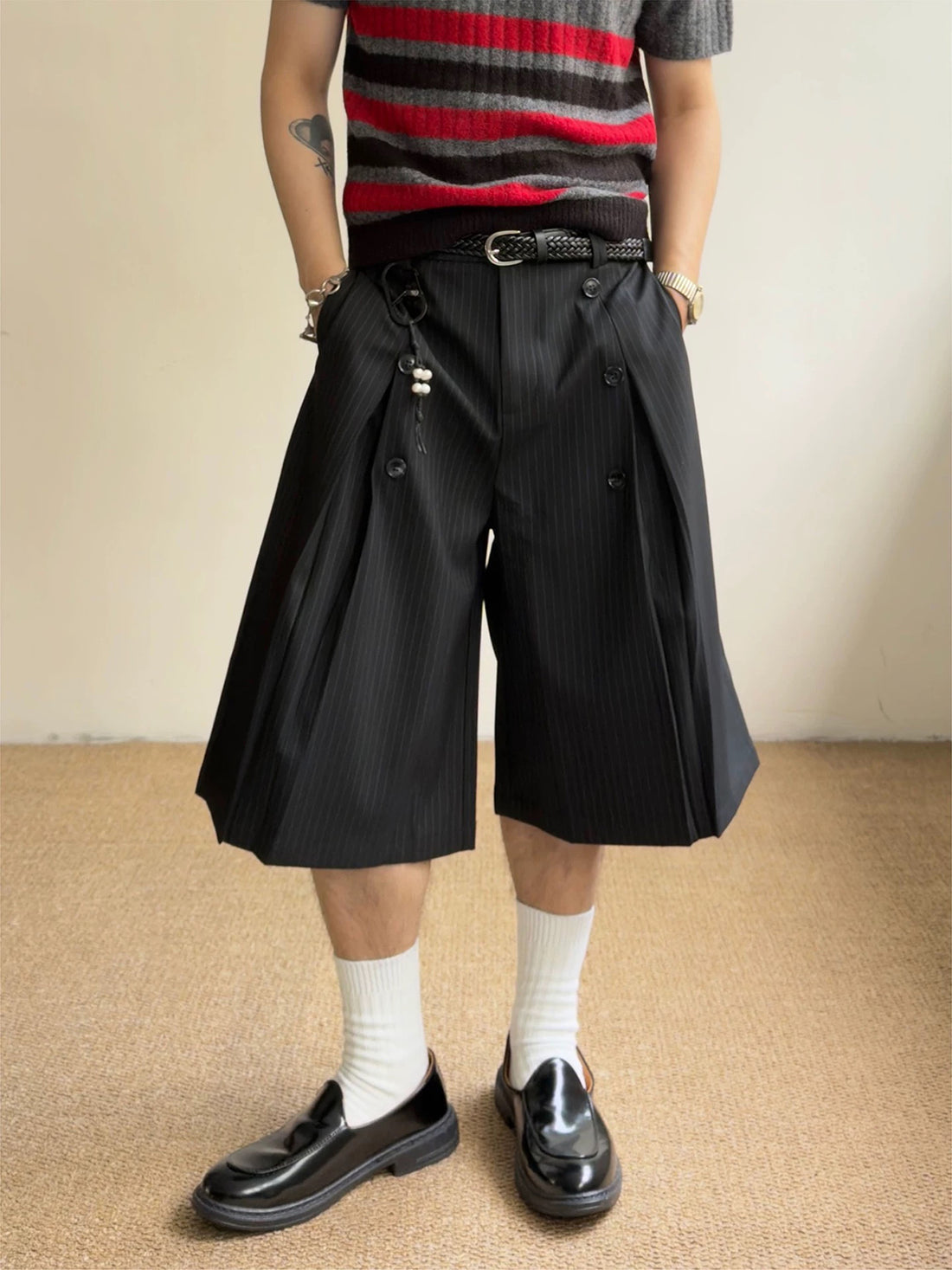 Brick Lane Wide-leg Stripe Cargo Shorts - Black