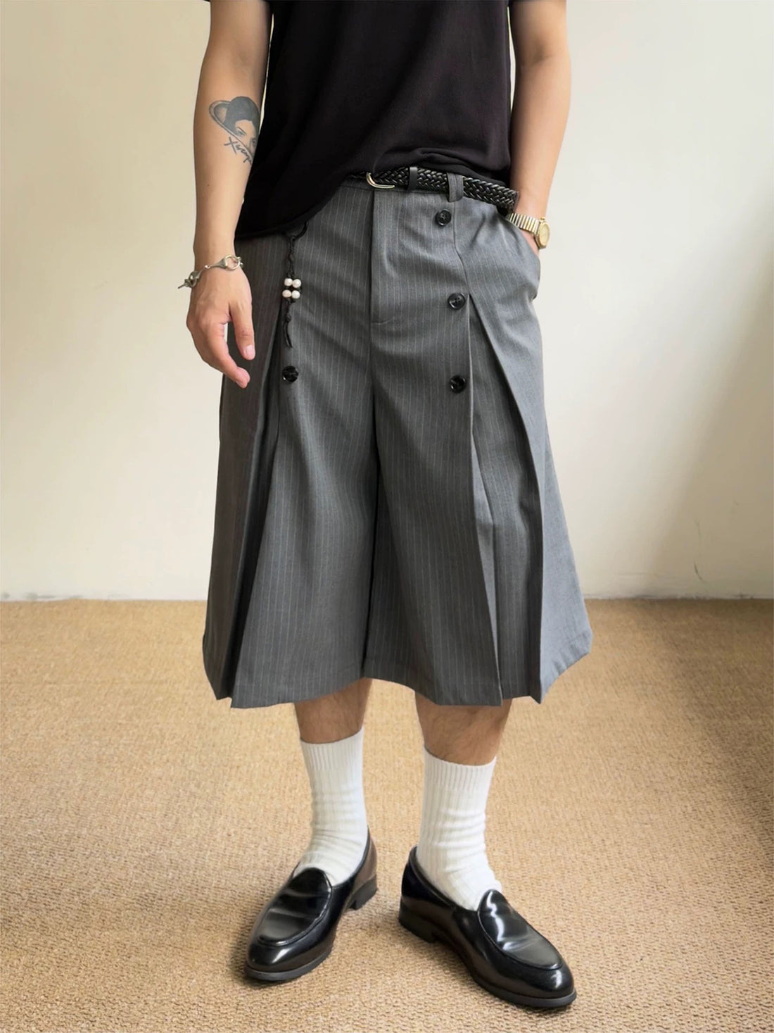 Brick Lane Wide-leg Stripe Draped Shorts - Gray
