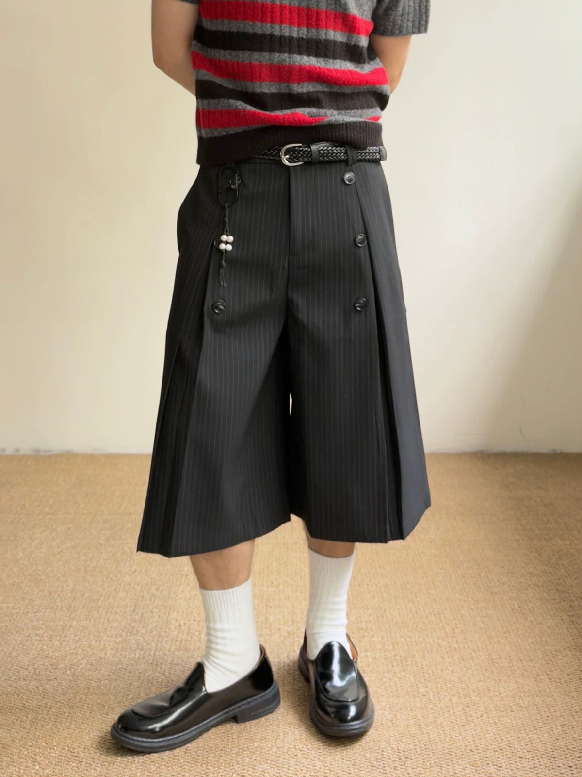 Brick Lane Wide-leg Stripe Cargo Shorts - Black