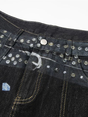 Co-ed Dorm Wide-leg Graphic Print Denim Shorts - Black