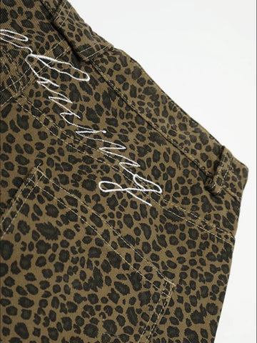 Co-ed Dorm Wide-leg Embroidered Leopard Shorts - Brown