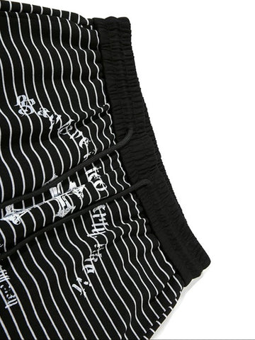 Co-ed Dorm Curved-cut Stripe Graphic Print Pants - Black