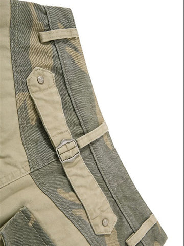 Co-ed Dorm Curved-cut Camouflage Patchwork Pants - Beige