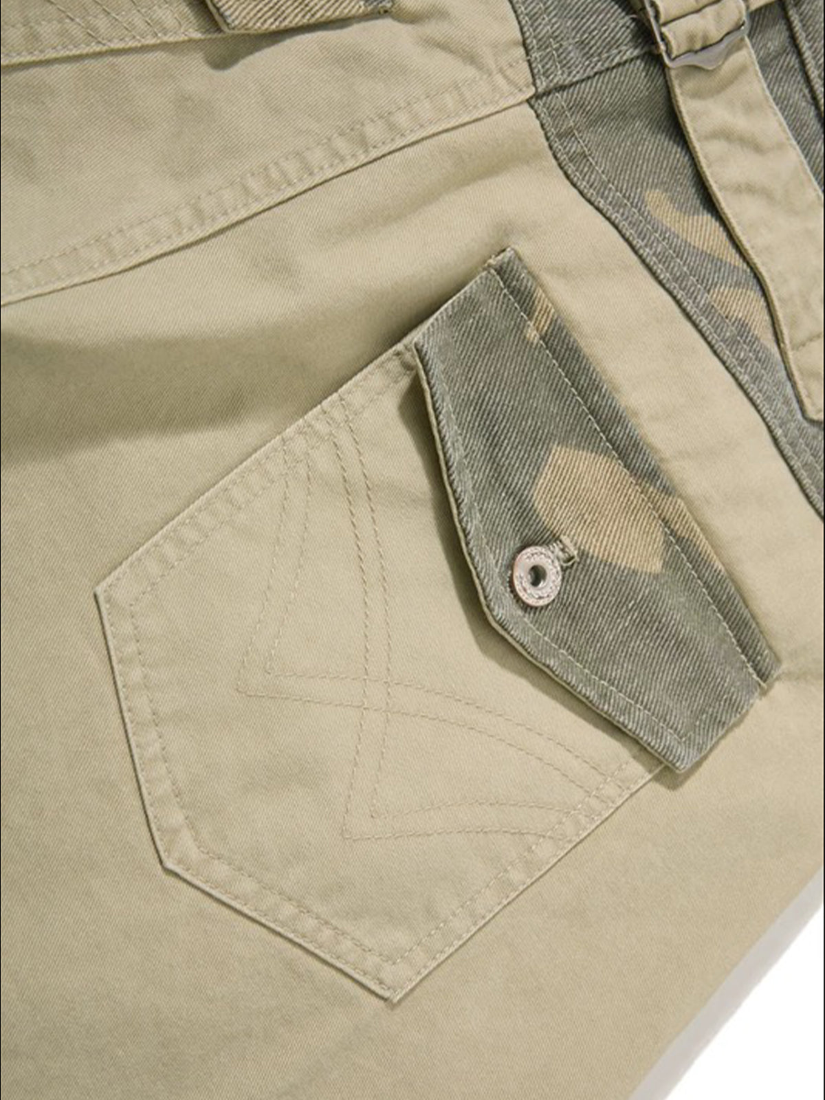 Co-ed Dorm Curved-cut Camouflage Patchwork Pants - Beige