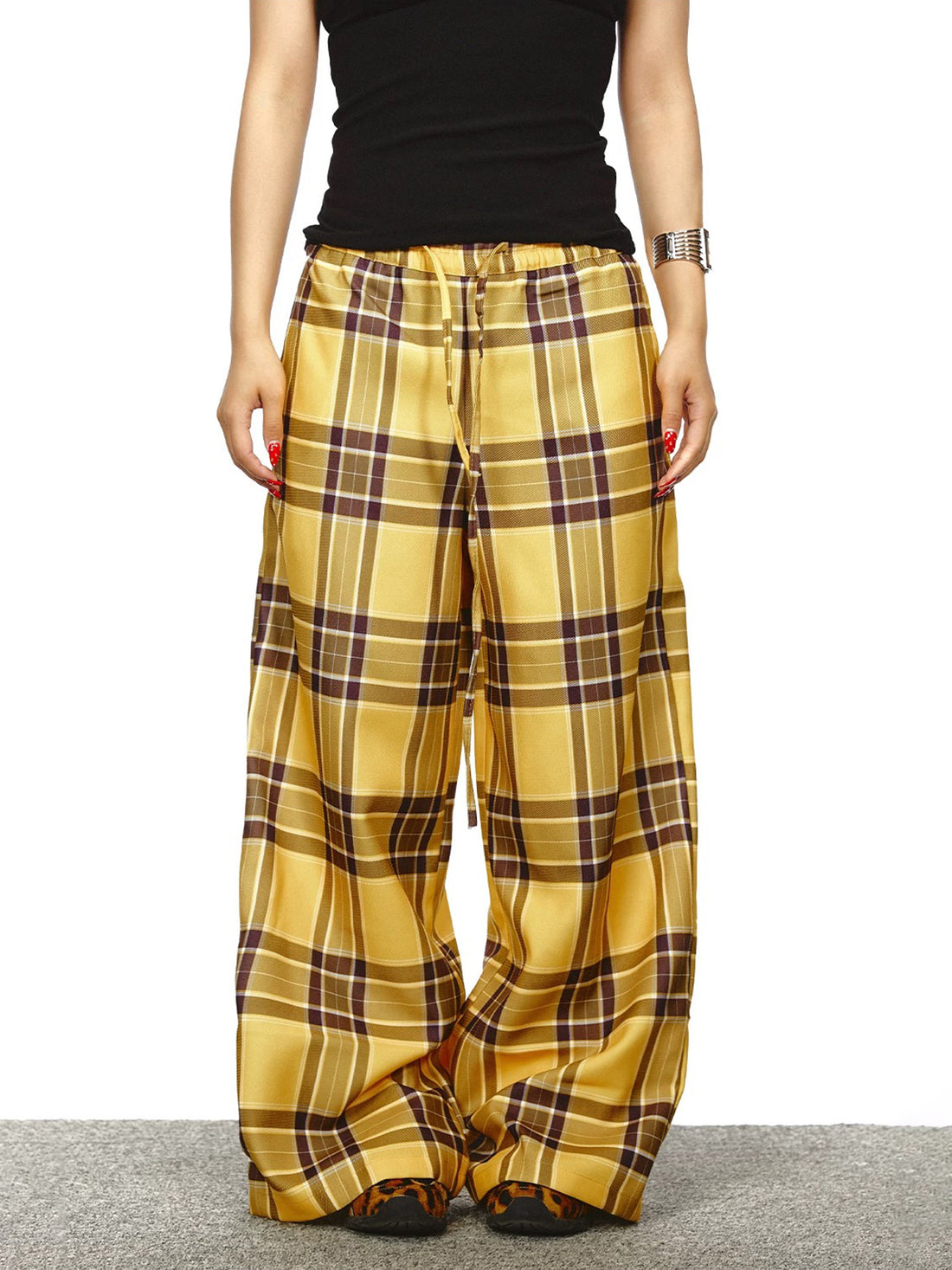Co-ed Dorm Wide-leg Plaid Check Pants - Yellow