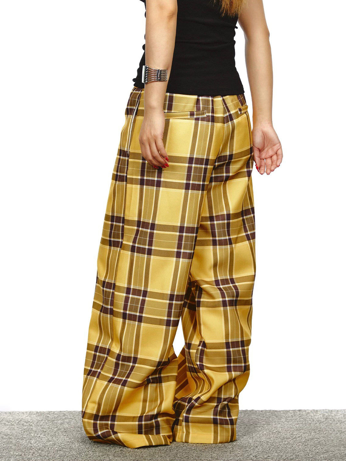 Co-ed Dorm Wide-leg Plaid Check Pants - Yellow