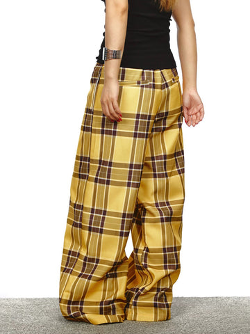 Co-ed Dorm Wide-leg Plaid Check Pants - Yellow