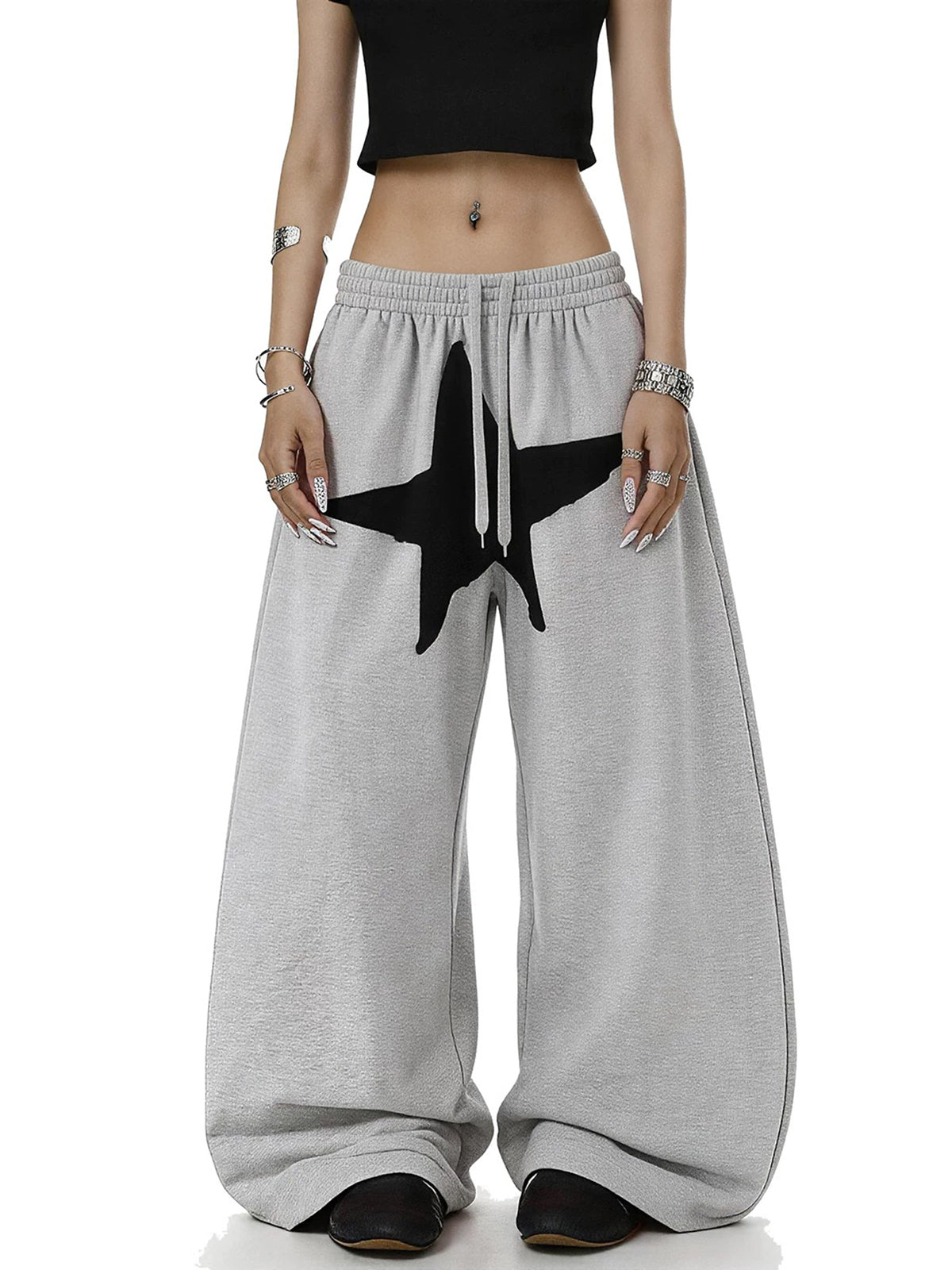 Brick Lane Wide-leg Star Patchwork Pants - Gray