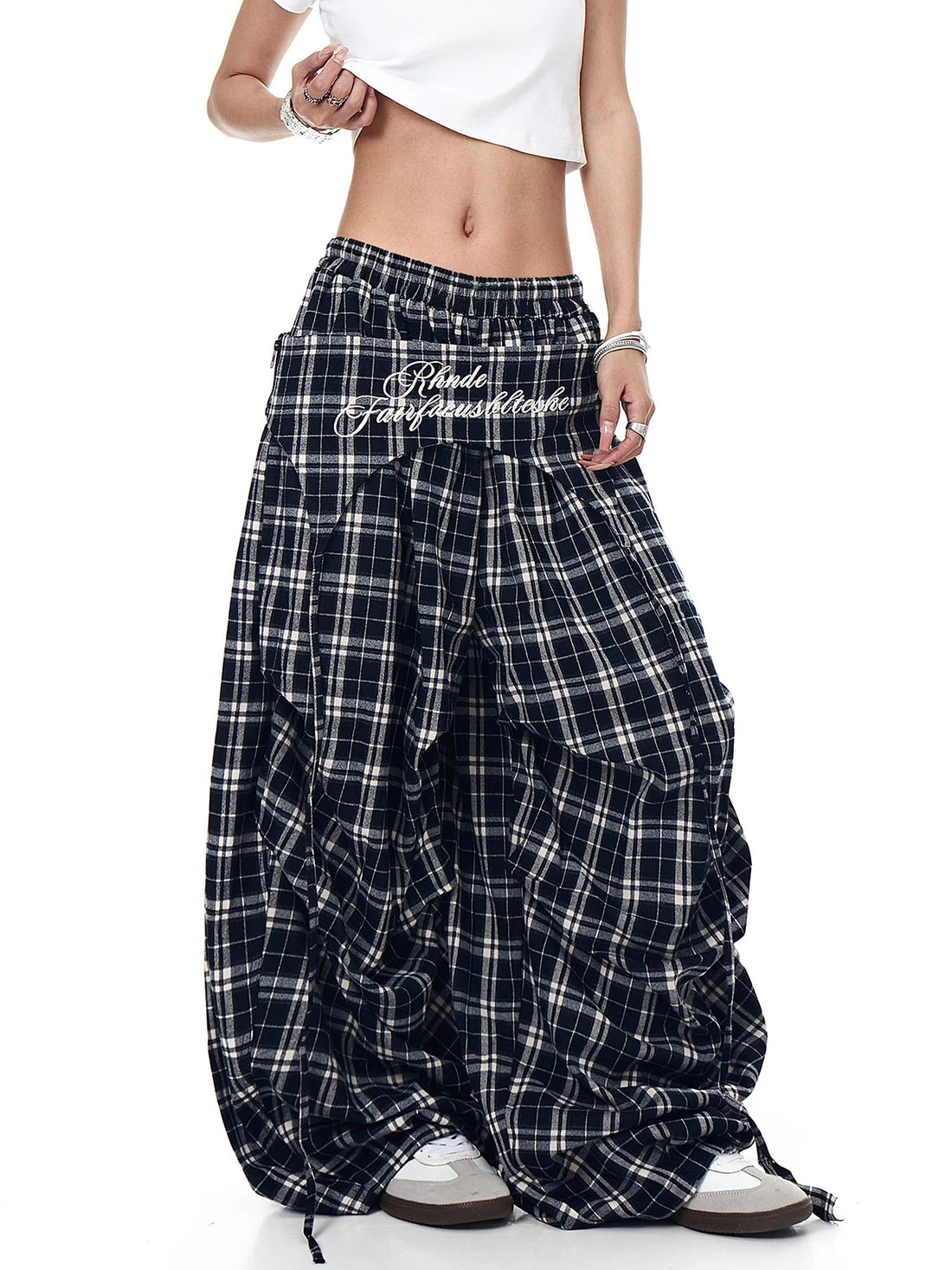 Brick Lane Wide-leg Ruched Plaid Check Pants - Black