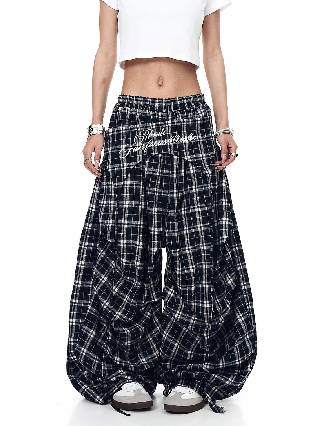 Brick Lane Wide-leg Ruched Plaid Check Pants - Black
