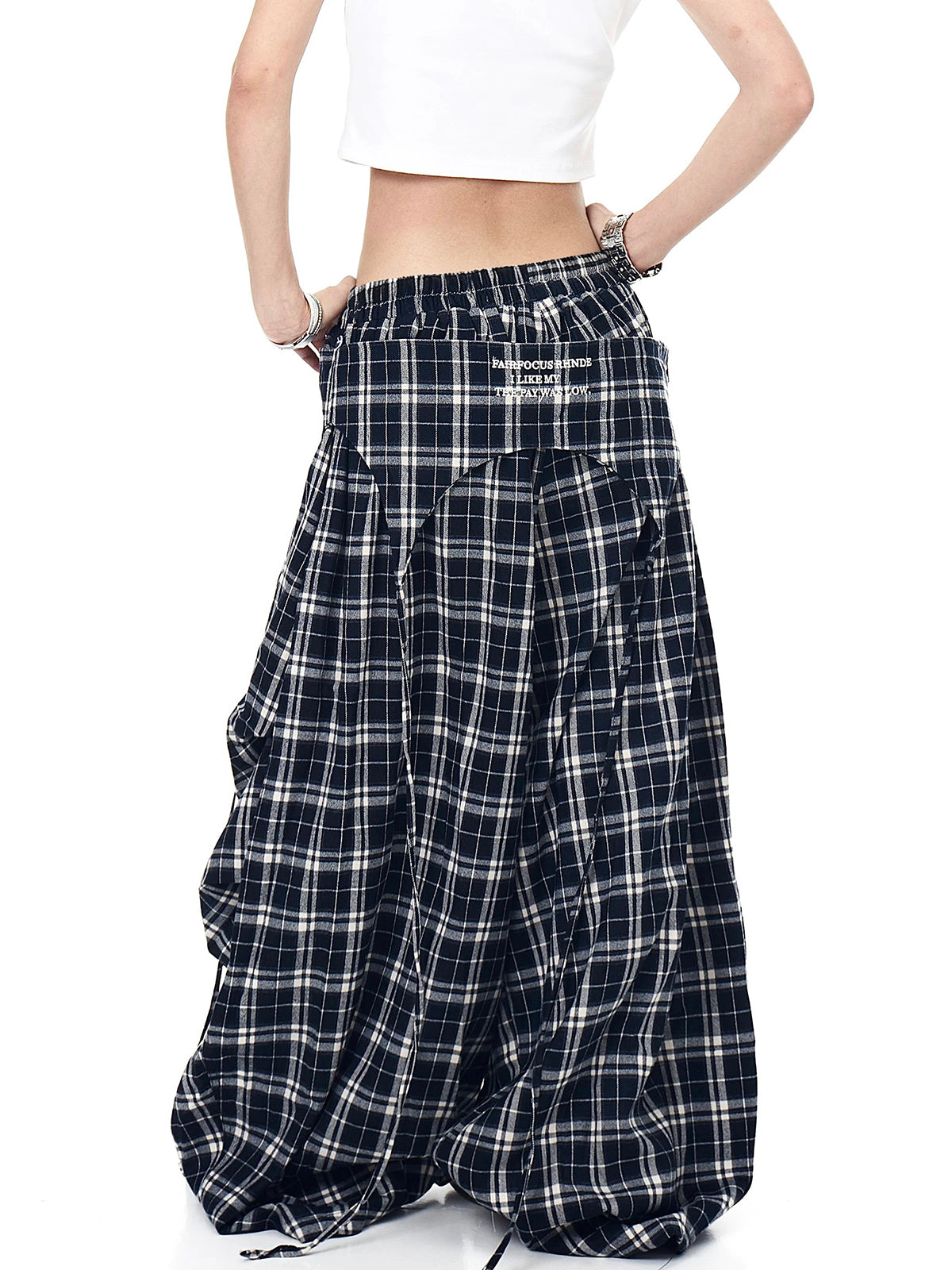 Brick Lane Wide-leg Ruched Plaid Check Pants - Black