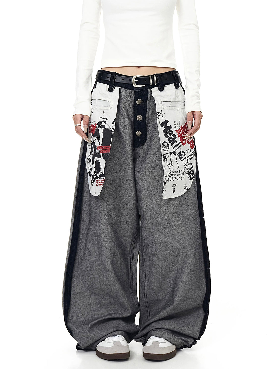 Brick Lane Wide-leg Patchwork Cargo Pants - Gray