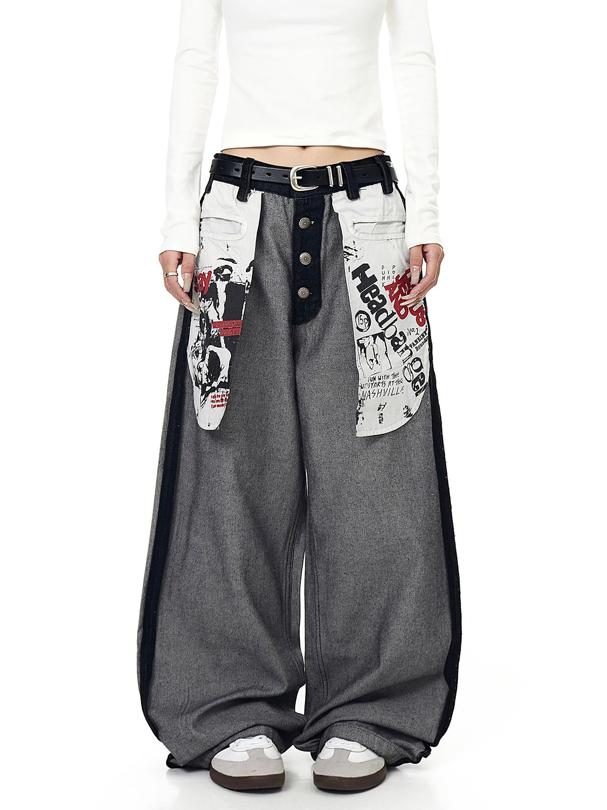 Brick Lane Wide-leg Patchwork Cargo Pants - Gray