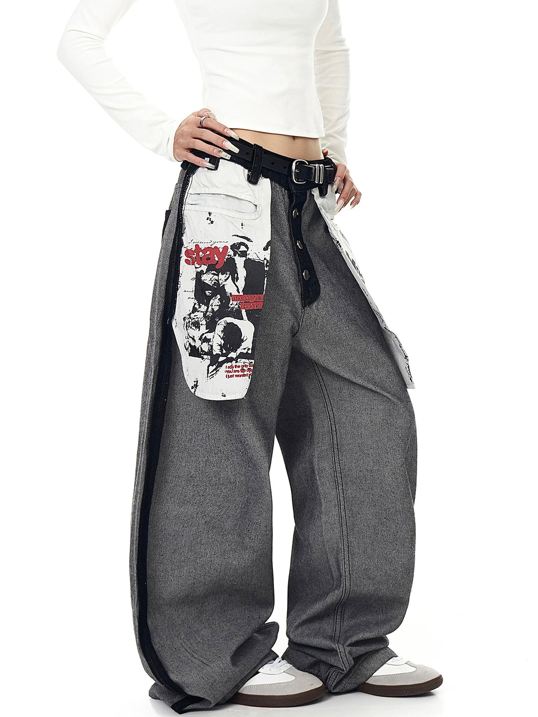 Brick Lane Wide-leg Patchwork Cargo Pants - Gray