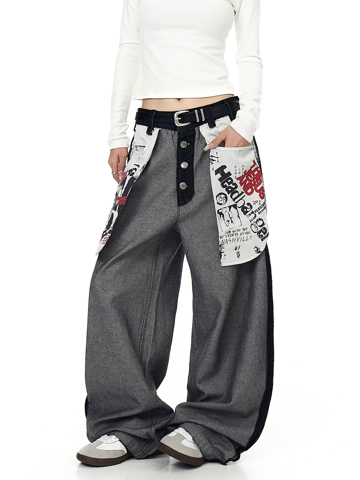 Brick Lane Wide-leg Patchwork Cargo Pants - Gray
