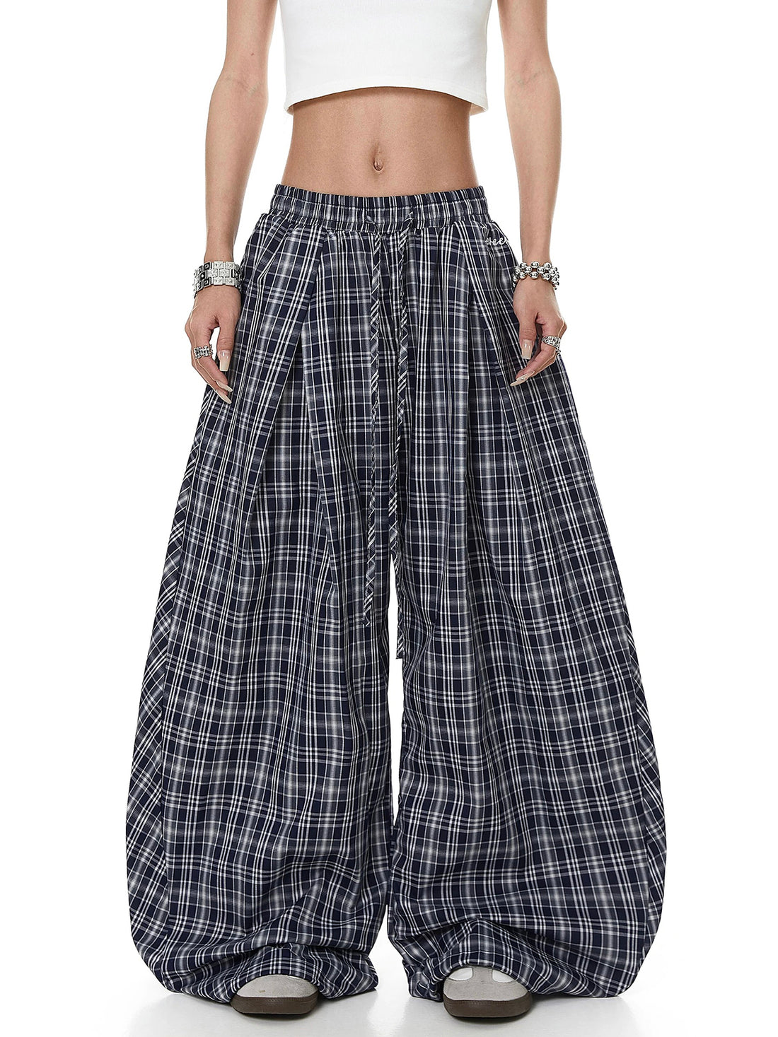 Brick Lane Wide-leg Ruched Plaid Check Pants - Blue