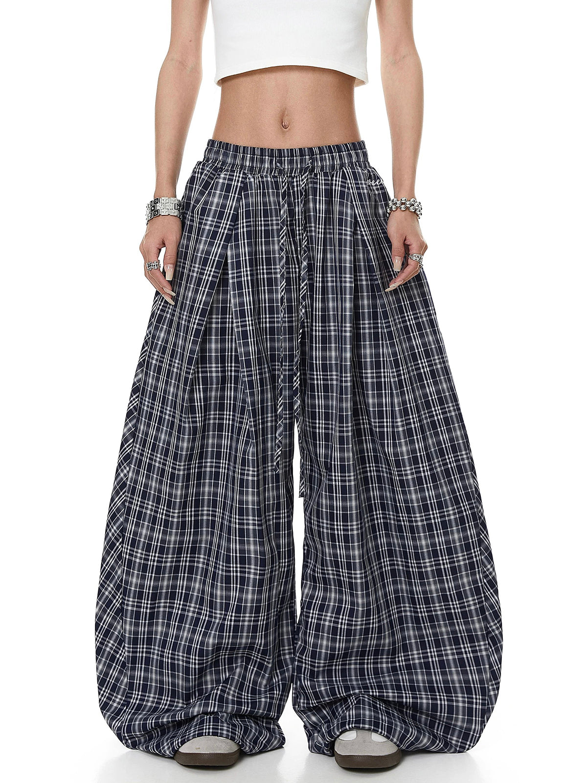 Brick Lane Wide-leg Ruched Plaid Check Pants - Blue