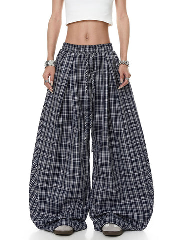 Brick Lane Wide-leg Ruched Plaid Check Pants - Blue