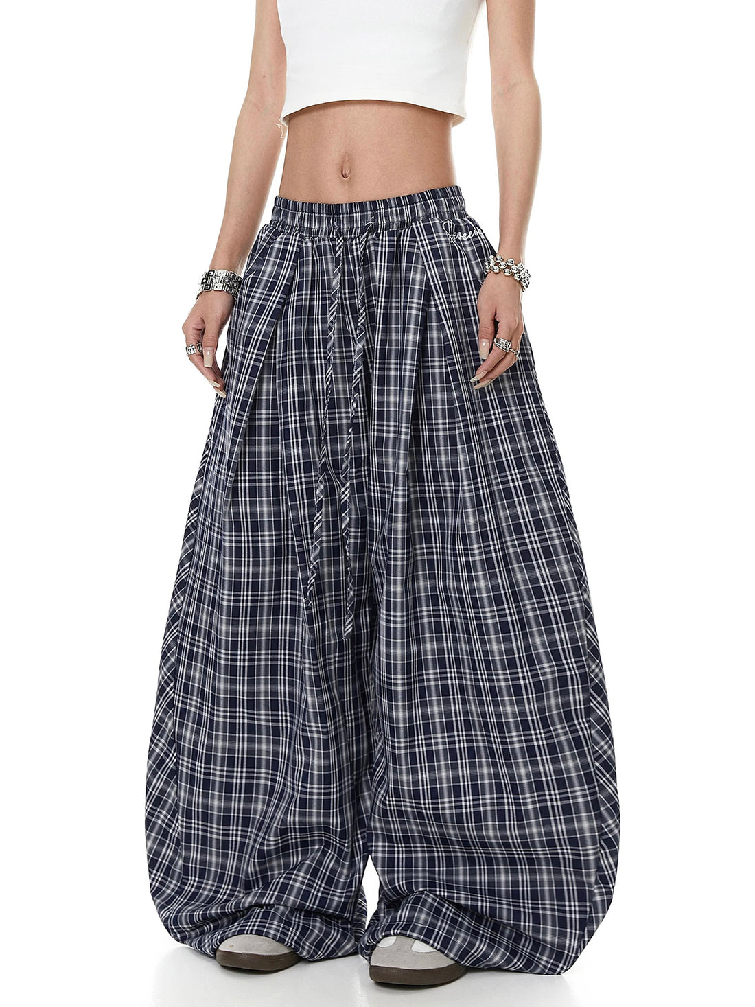 Brick Lane Wide-leg Ruched Plaid Check Pants - Blue