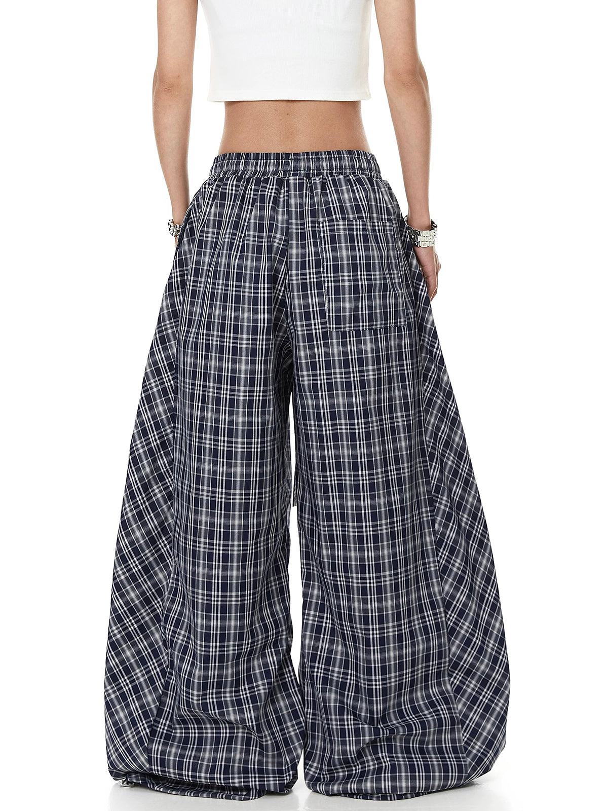 Brick Lane Wide-leg Ruched Plaid Check Pants - Blue