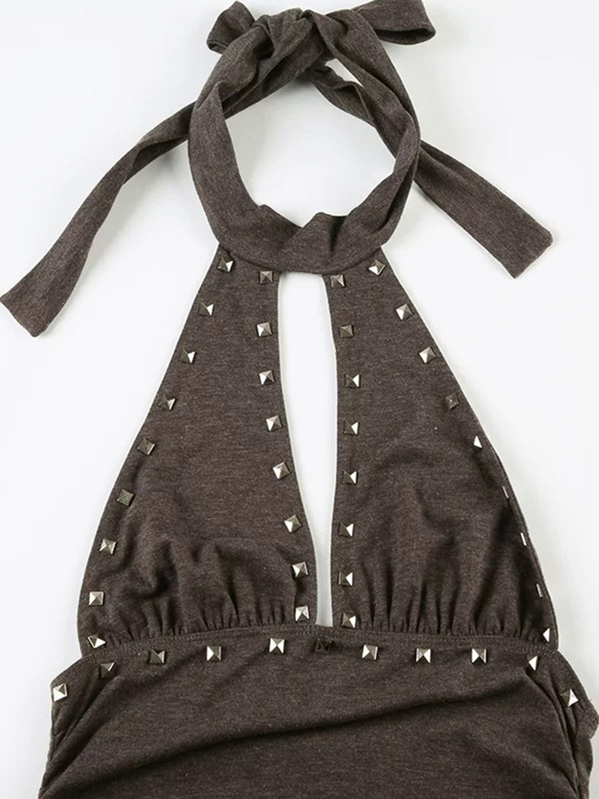 Brick Lane Halter Ruched Asymmetric Top - Brown
