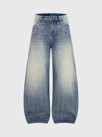 Rose Cipher Barrel Jeans - Indigo Blue