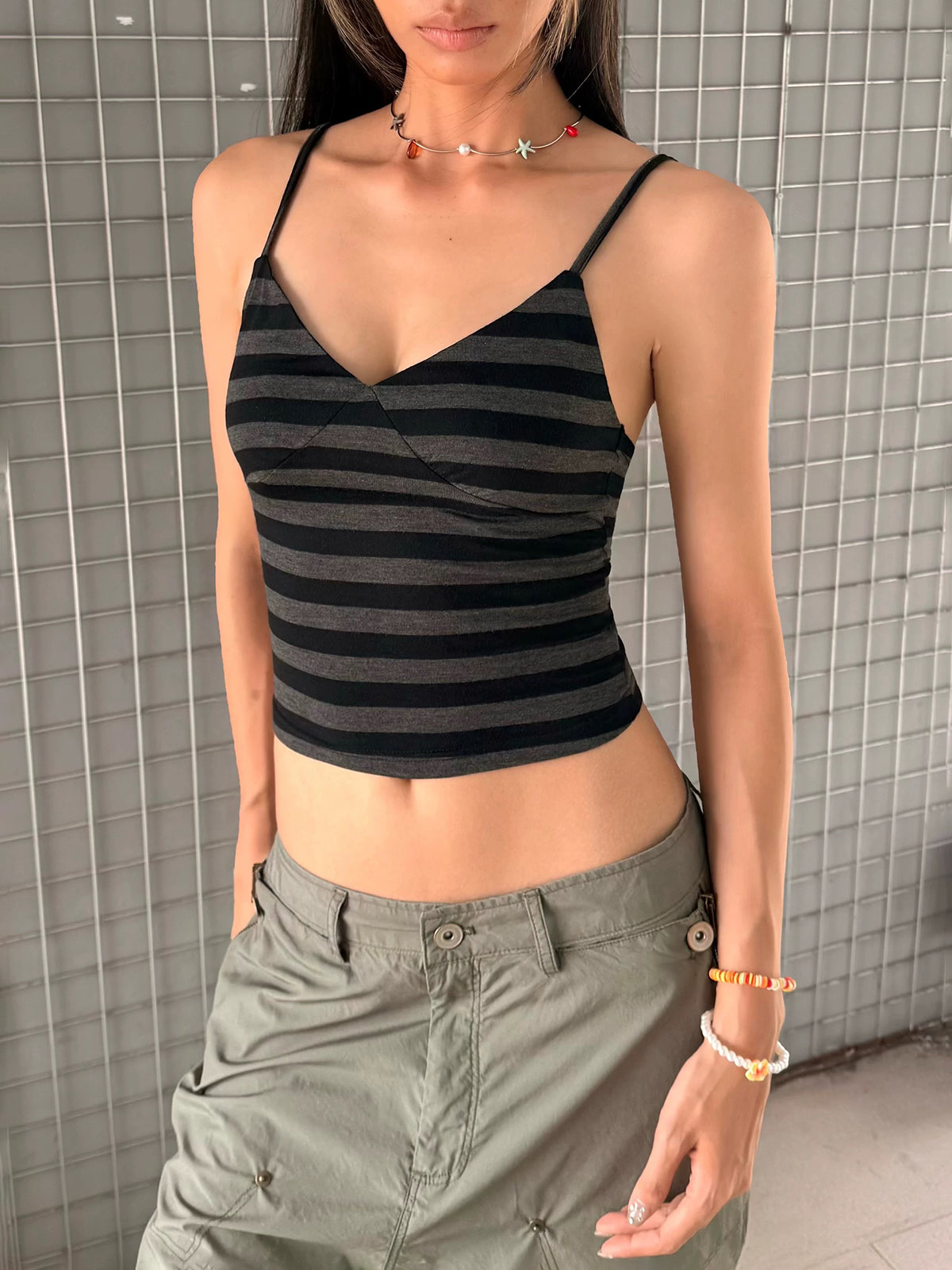 Brick Lane Skimming-fit Striped Knit Cami Top - Black