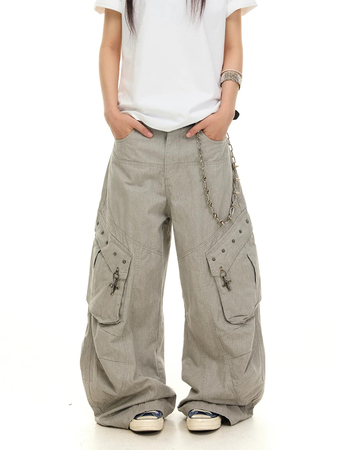 Brick Lane Wide-leg Multi-Pocket Cargo Pants - Gray