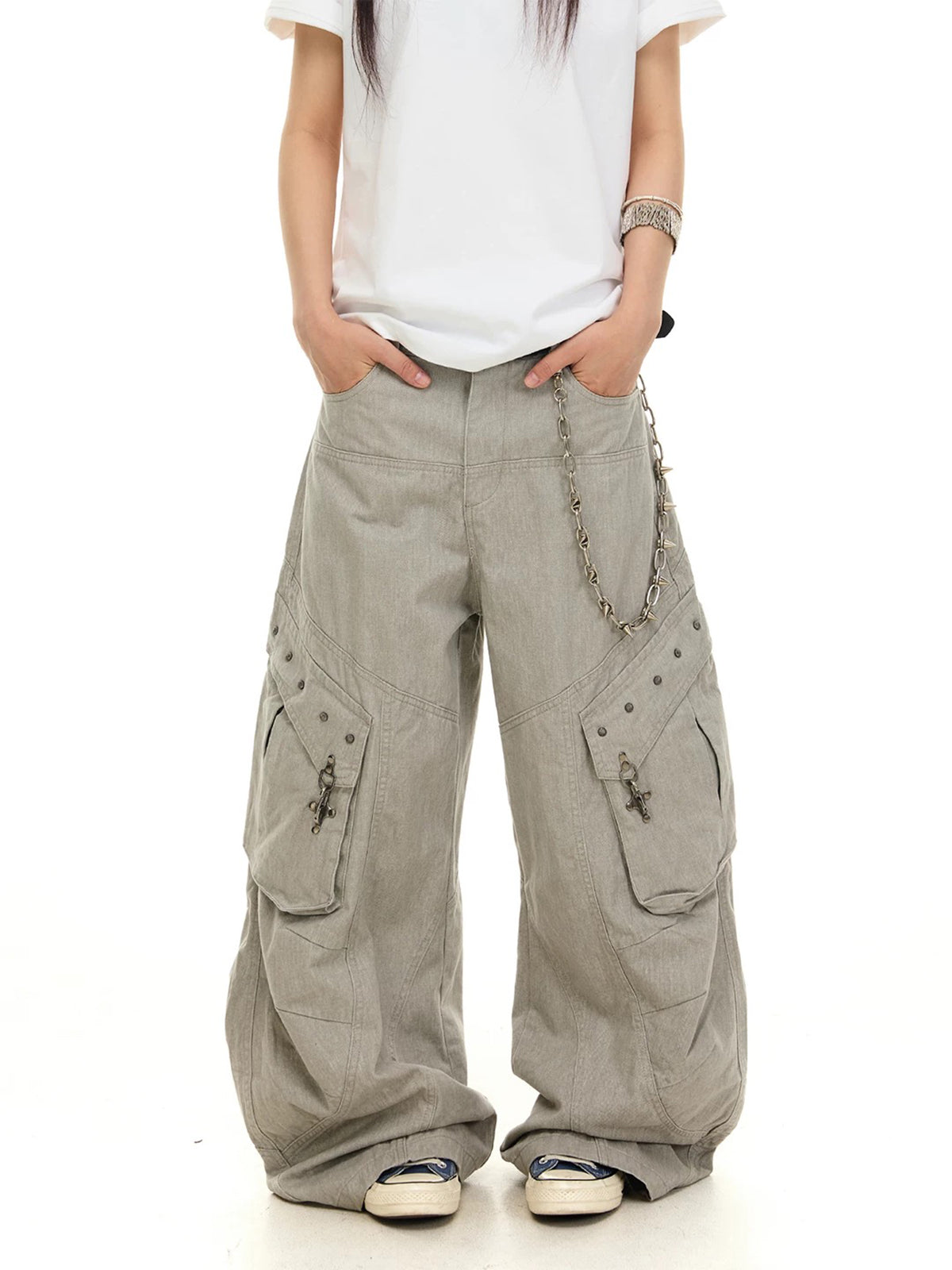 Brick Lane Wide-leg Multi-Pocket Cargo Pants - Gray