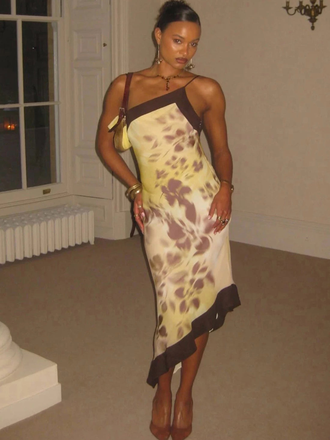 Brick Lane Asymmetric Halter Floral Print Dress - Brown
