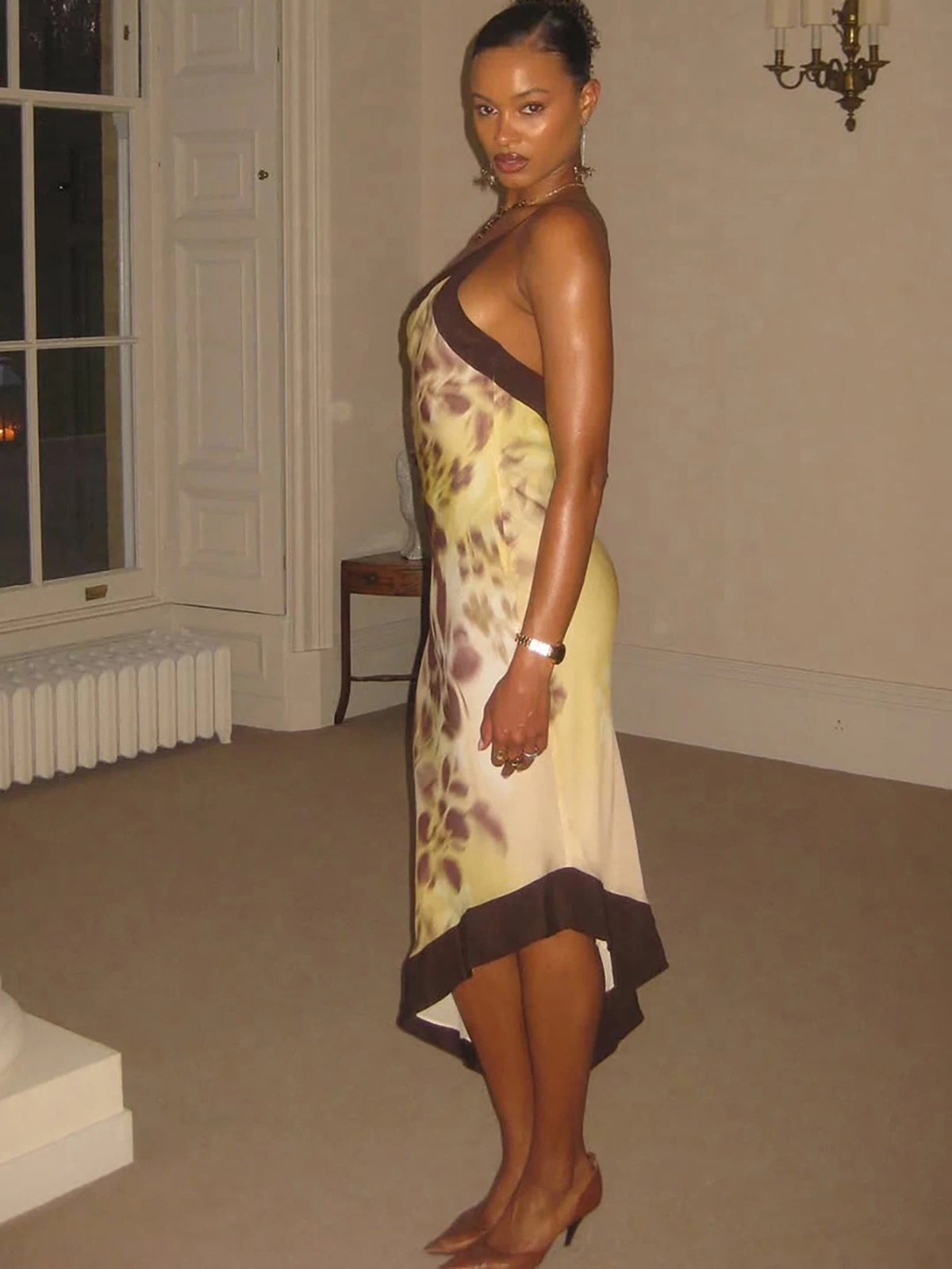 Brick Lane Asymmetric Halter Floral Print Dress - Brown