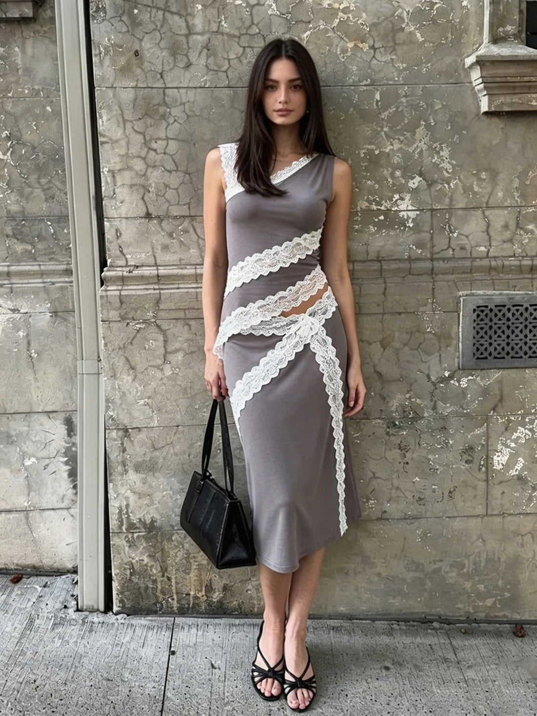 Brick Lane Skimming-fit Lace Patchwork Midi Dress - Gray