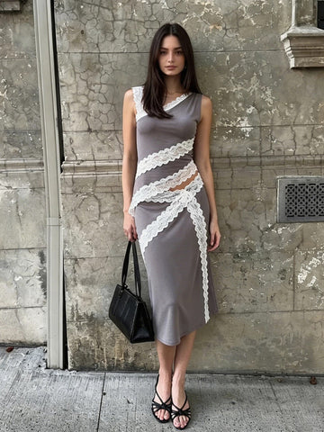 Brick Lane Skimming-fit Lace Patchwork Midi Dress - Gray