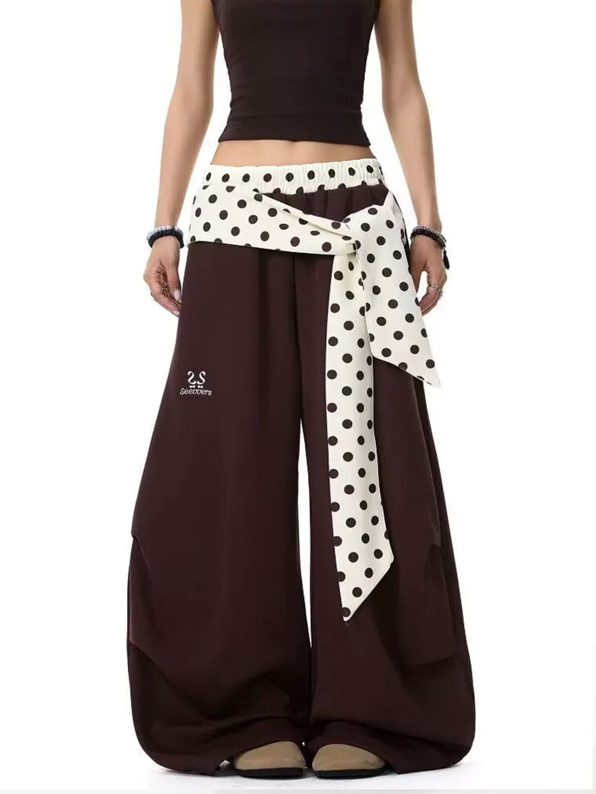 Brick Lane Wide-leg Polka Dot Belted Casual Pants - Brown