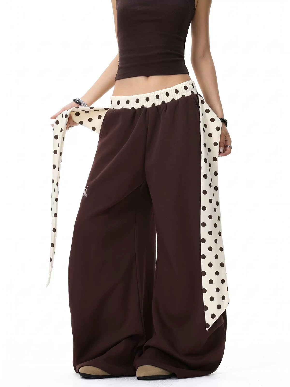 Brick Lane Wide-leg Polka Dot Belted Casual Pants - Brown