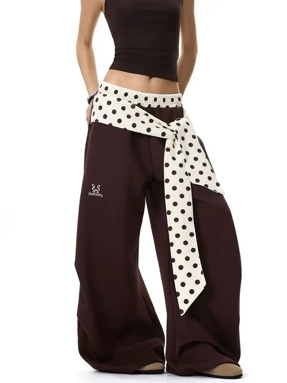 Brick Lane Wide-leg Polka Dot Belted Casual Pants - Brown