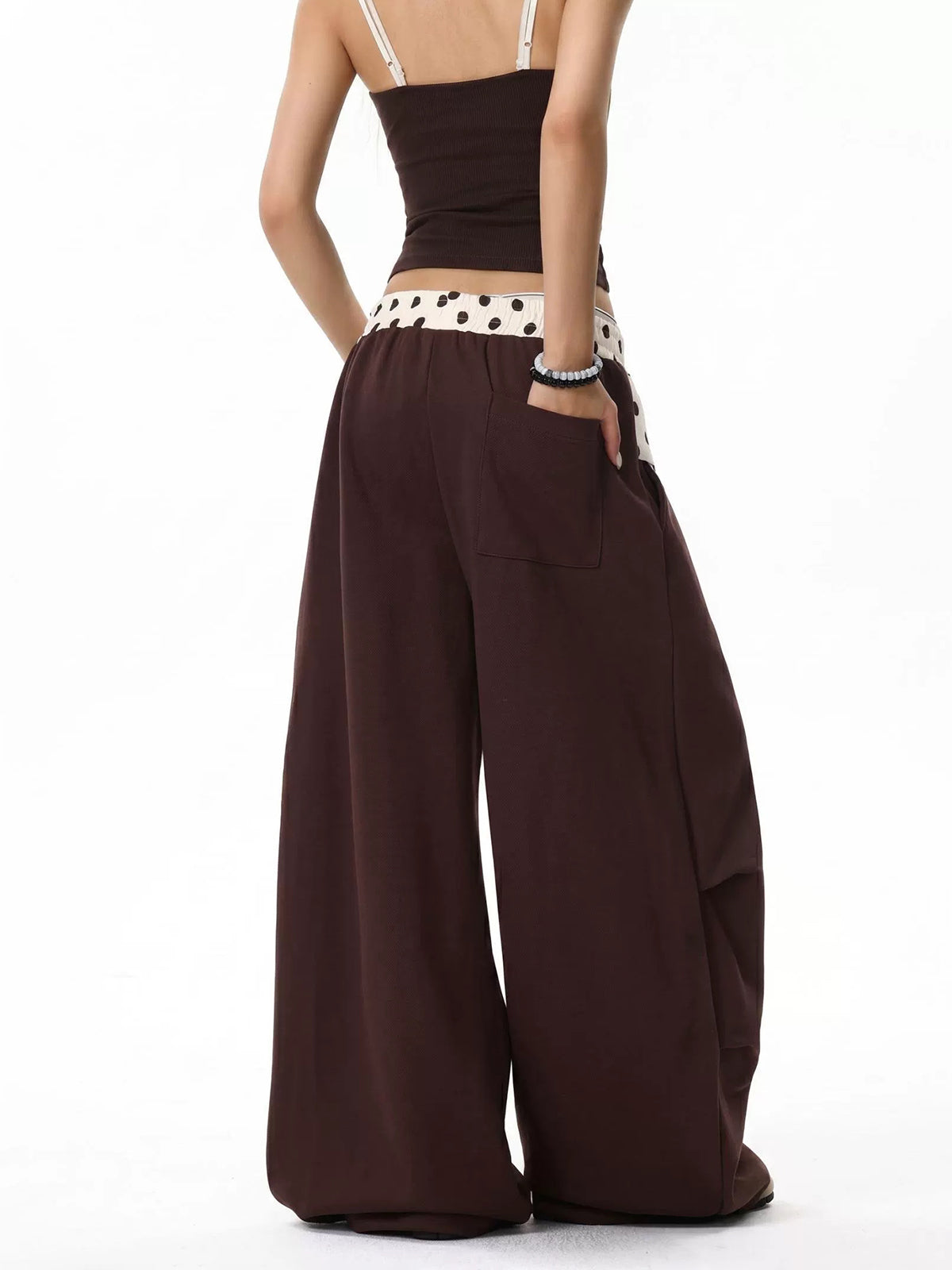 Brick Lane Wide-leg Polka Dot Belted Casual Pants - Brown