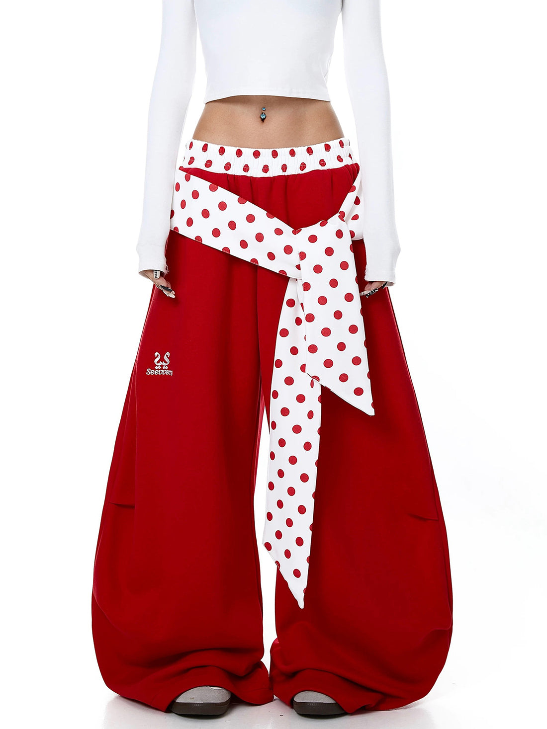 Brick Lane Wide-leg Polka Dot Belted Casual Pants - Red