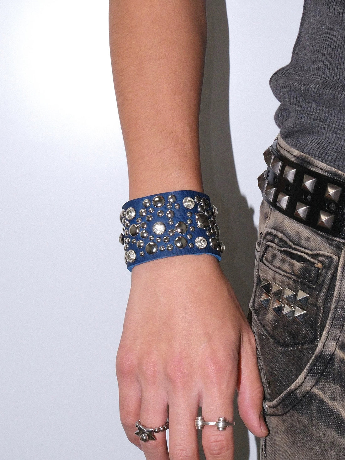 Brick Lane Punk Studded Leather Bracelet - Blue