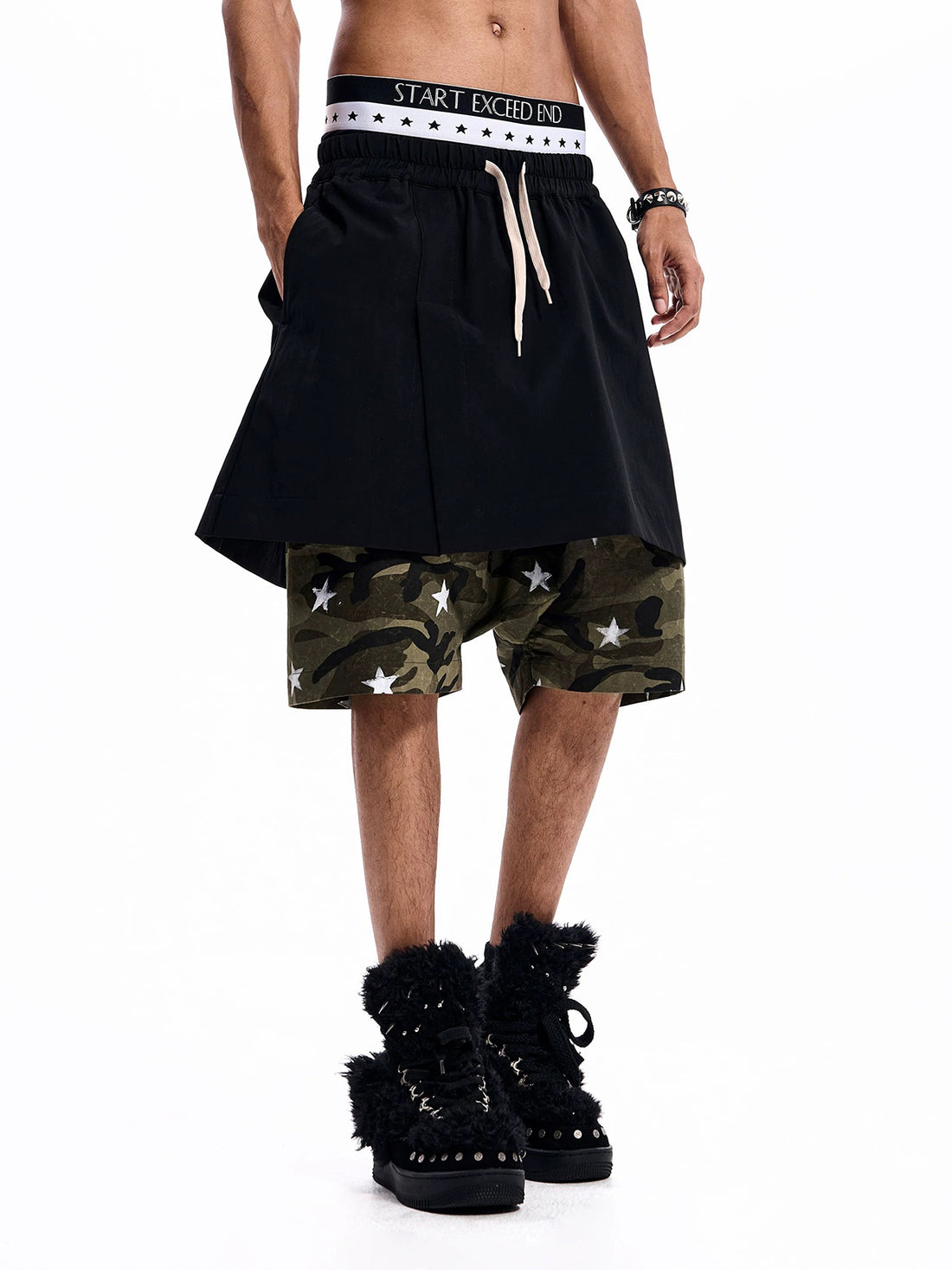 Brick Lane Layered-look Camouflage Shorts - Black