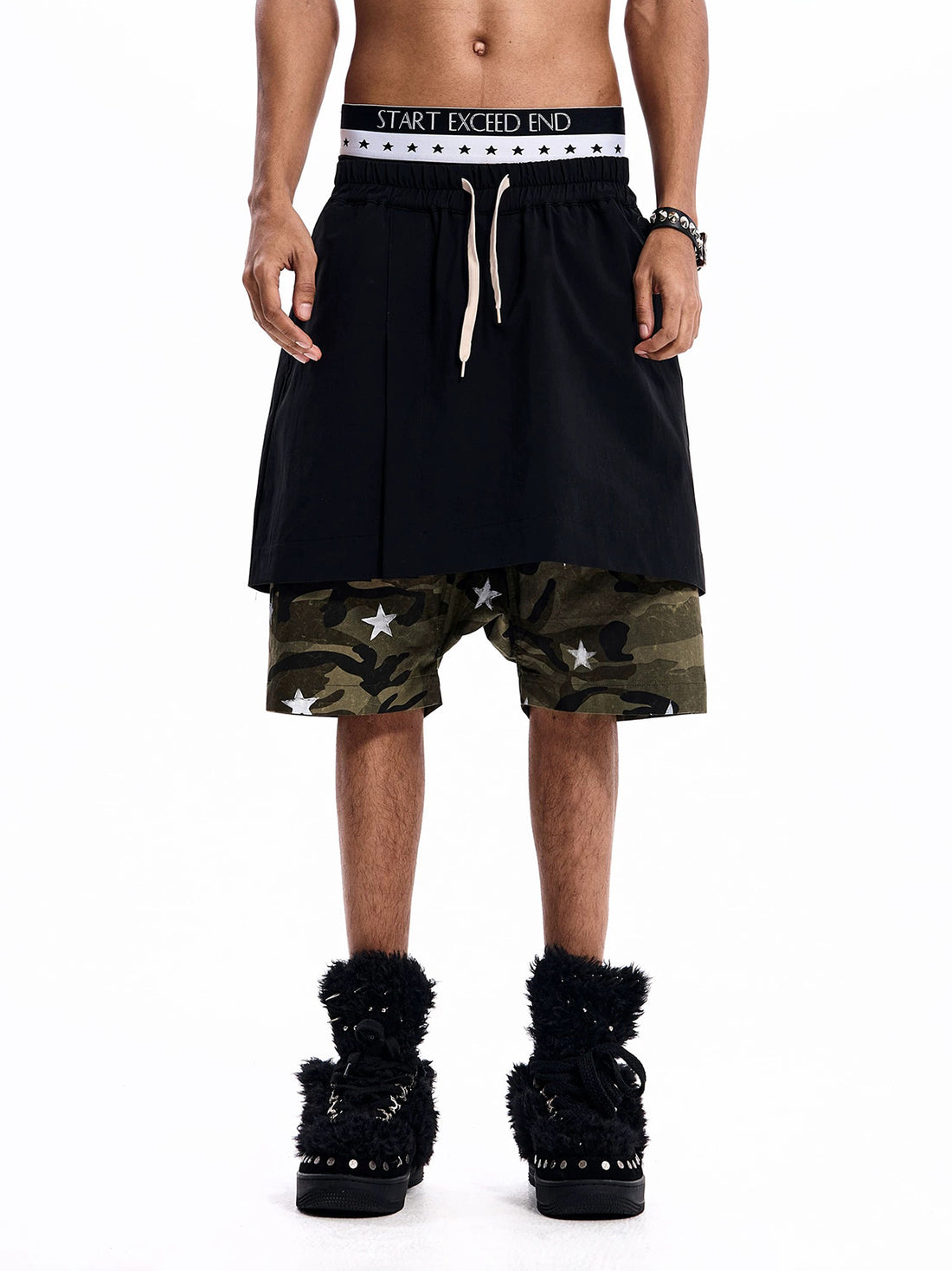 Brick Lane Layered-look Camouflage Shorts - Black