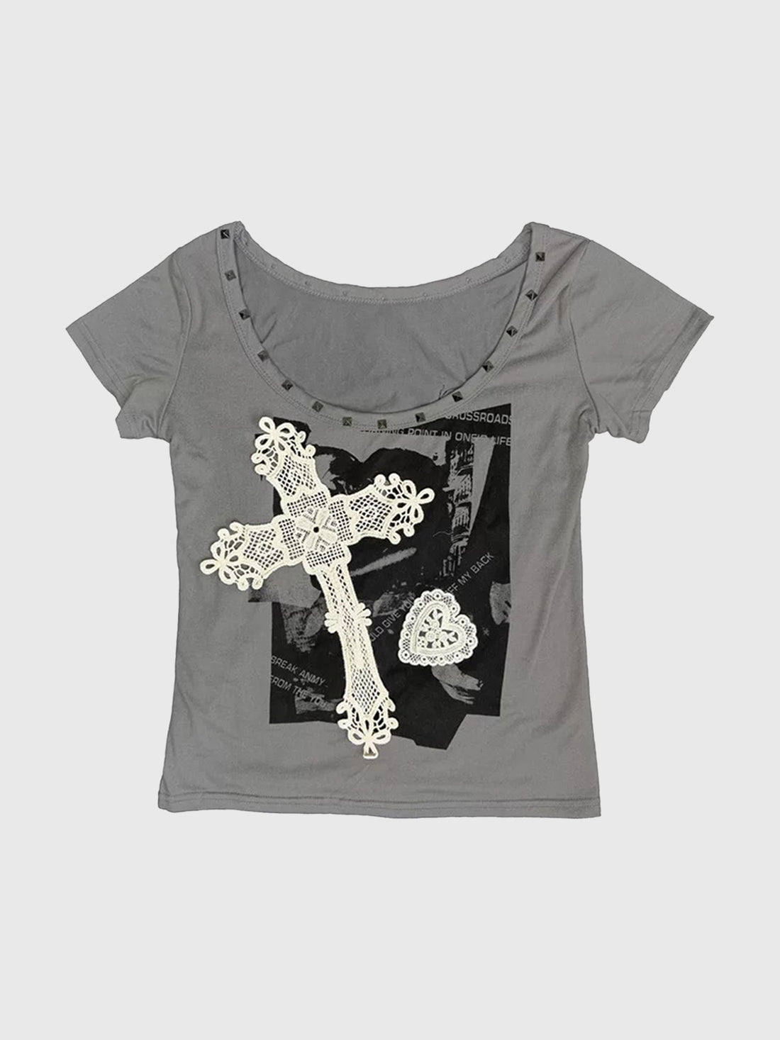 Brick Lane Skimming-fit Lace Cross Graphic Baby Tee - Gray