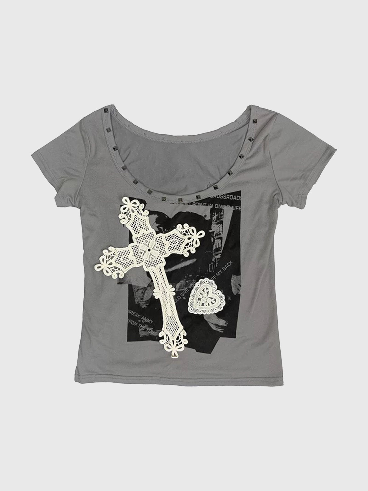 Brick Lane Skimming-fit Lace Cross Graphic Baby Tee - Gray