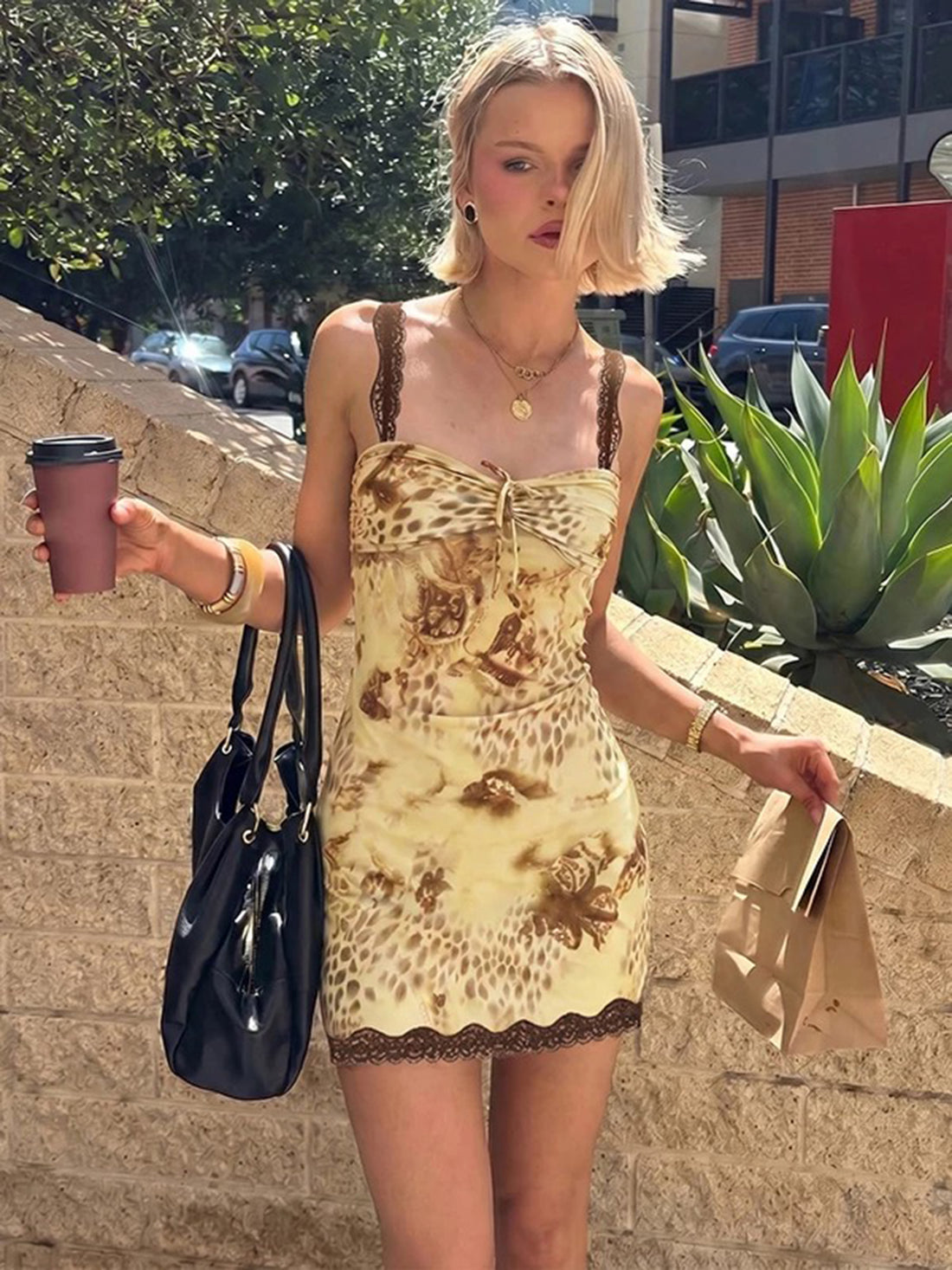 Brick Lane Skimming-fit Lace Leopard Print Dress - Brown