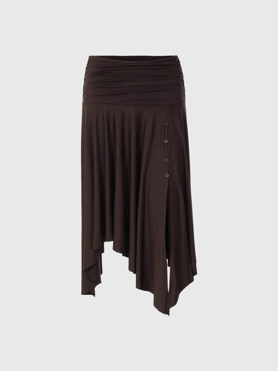 Brick Lane Asymmetric Draped Ruched Midi Skirt - Brown