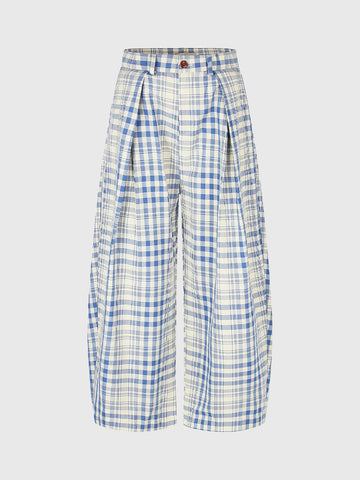 Brick Lane Wide-leg Casual Plaid Check Pants - Blue