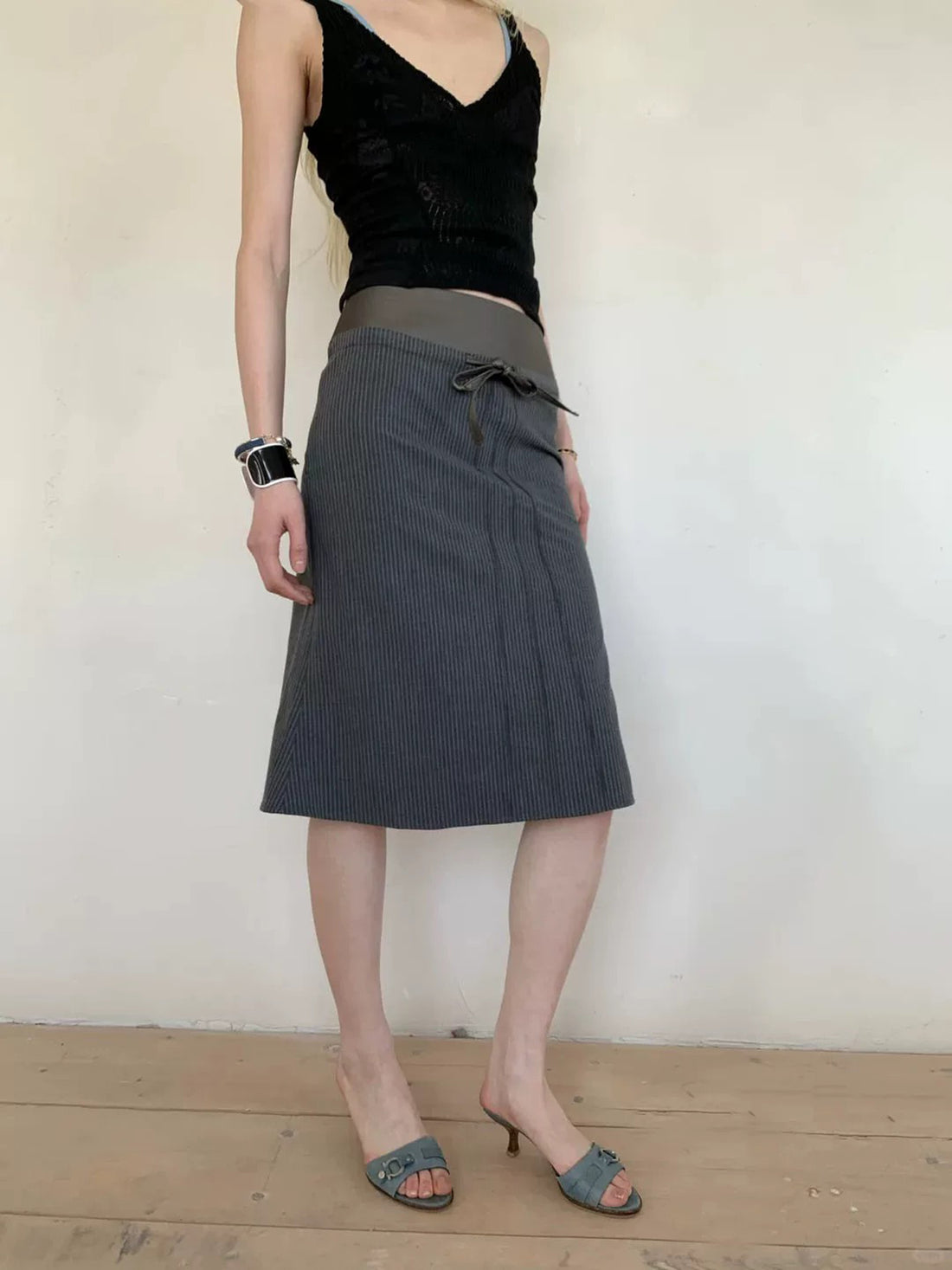 Brick Lane A-line Bow Detailed Stripe Midi Skirt - Black