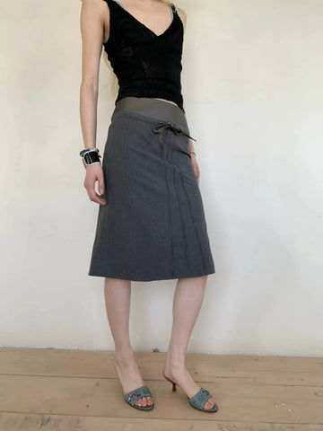 Brick Lane A-line Bow Detailed Stripe Midi Skirt - Black